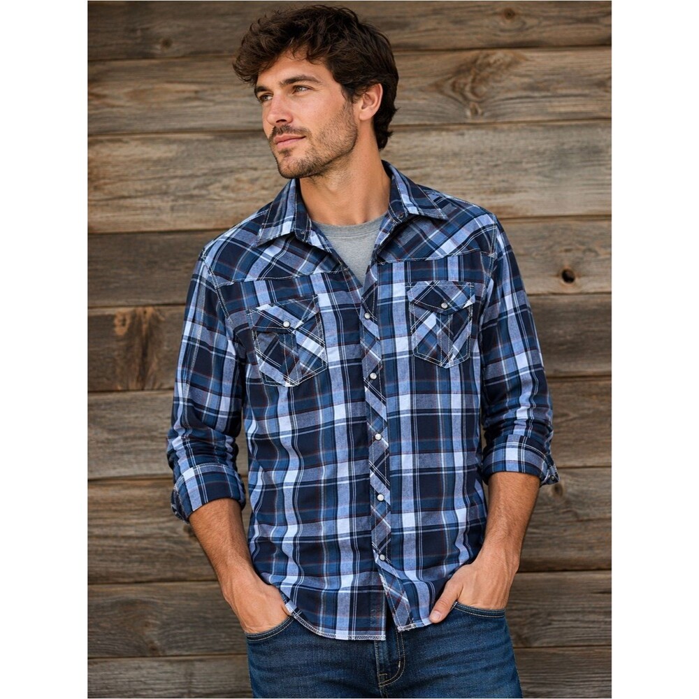 BKE Athletic Fit Western Plaid Shirt Men Medium Blue Snap Front Cotton